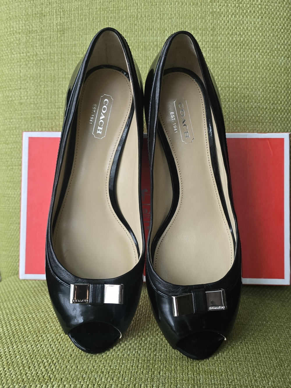 Coach Black Patent Leather Peep-Toe Wedge Pumps with Bow Accent - Picture 7 of 13